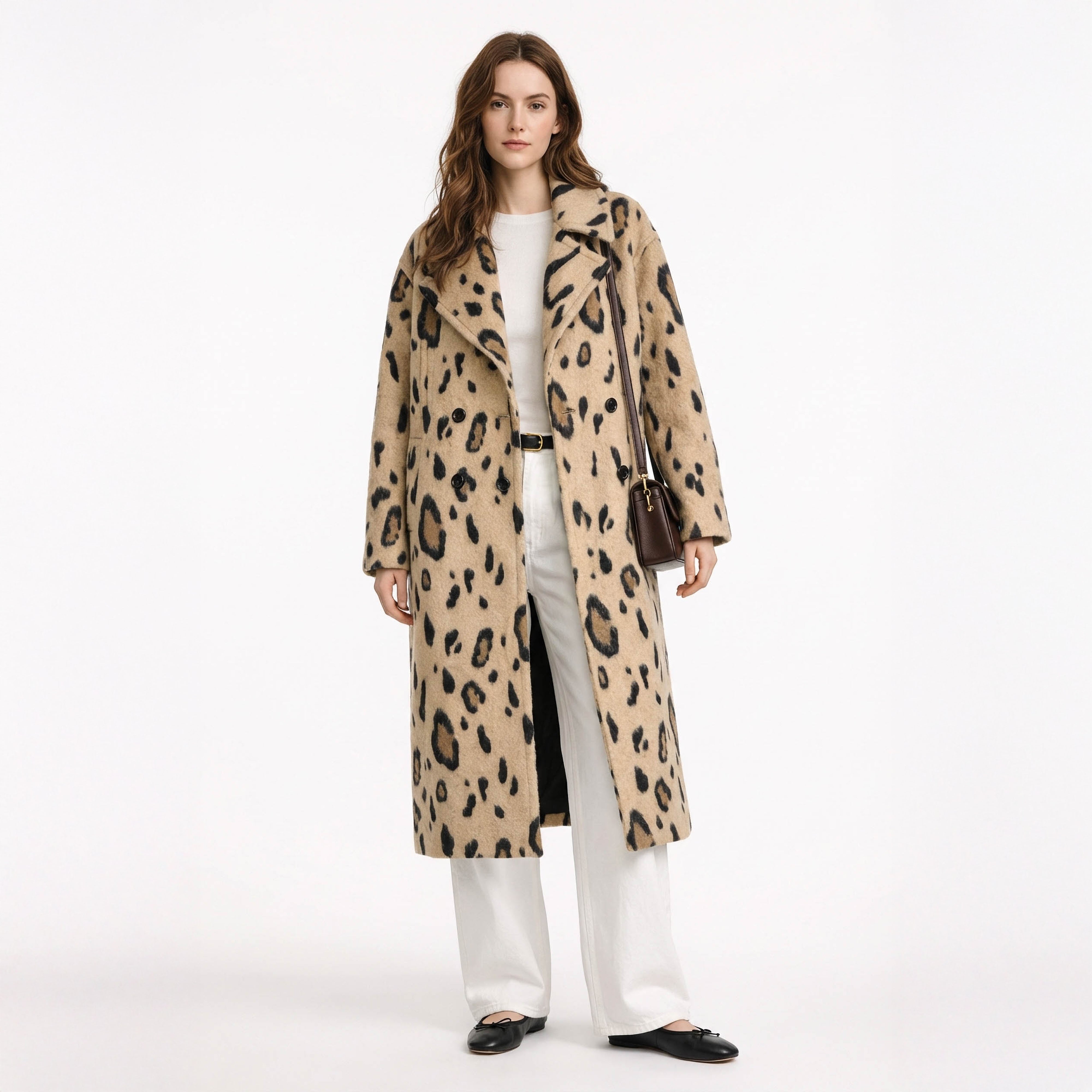 Leopar Desenli Yün Uzun Palto