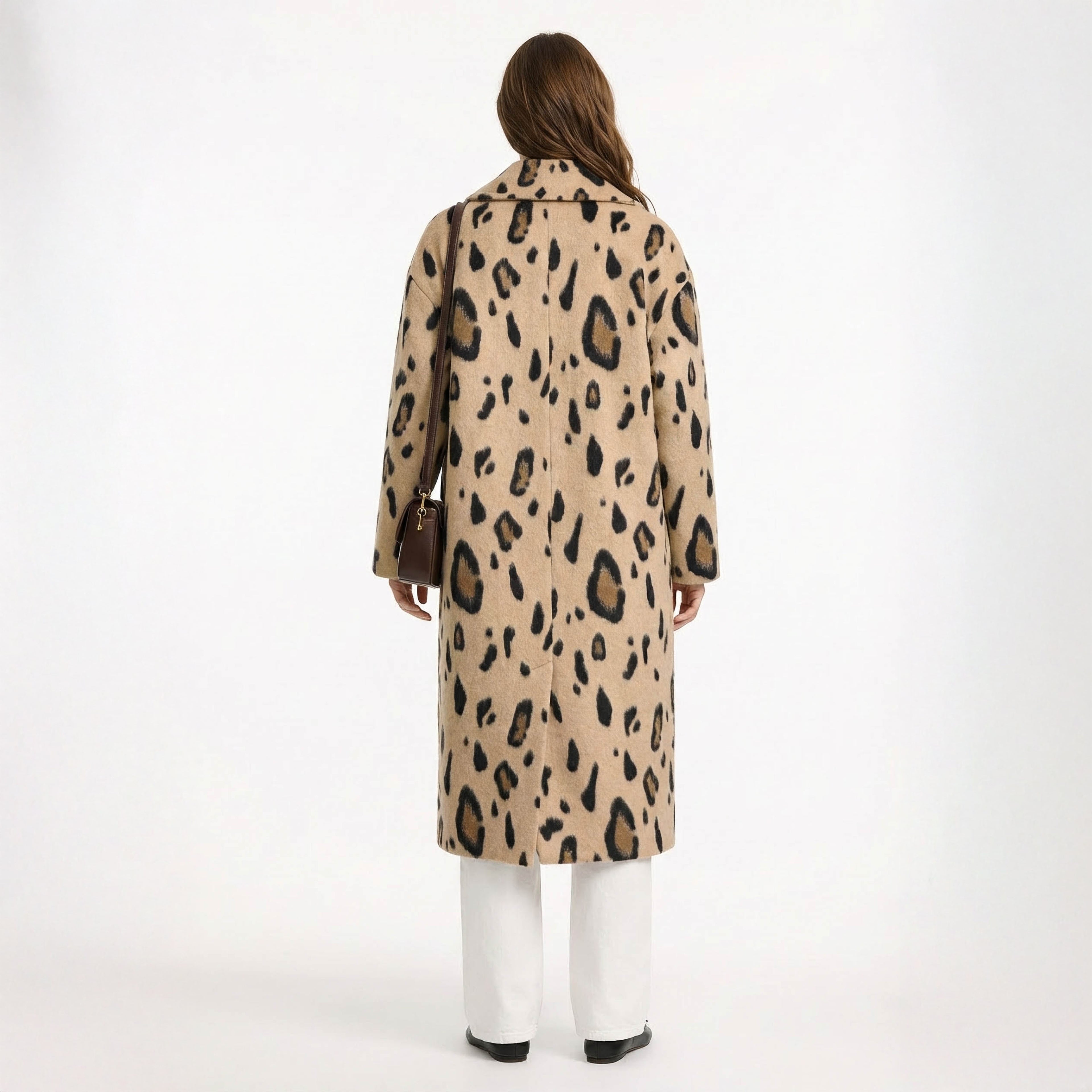 Leopar Desenli Yün Uzun Palto