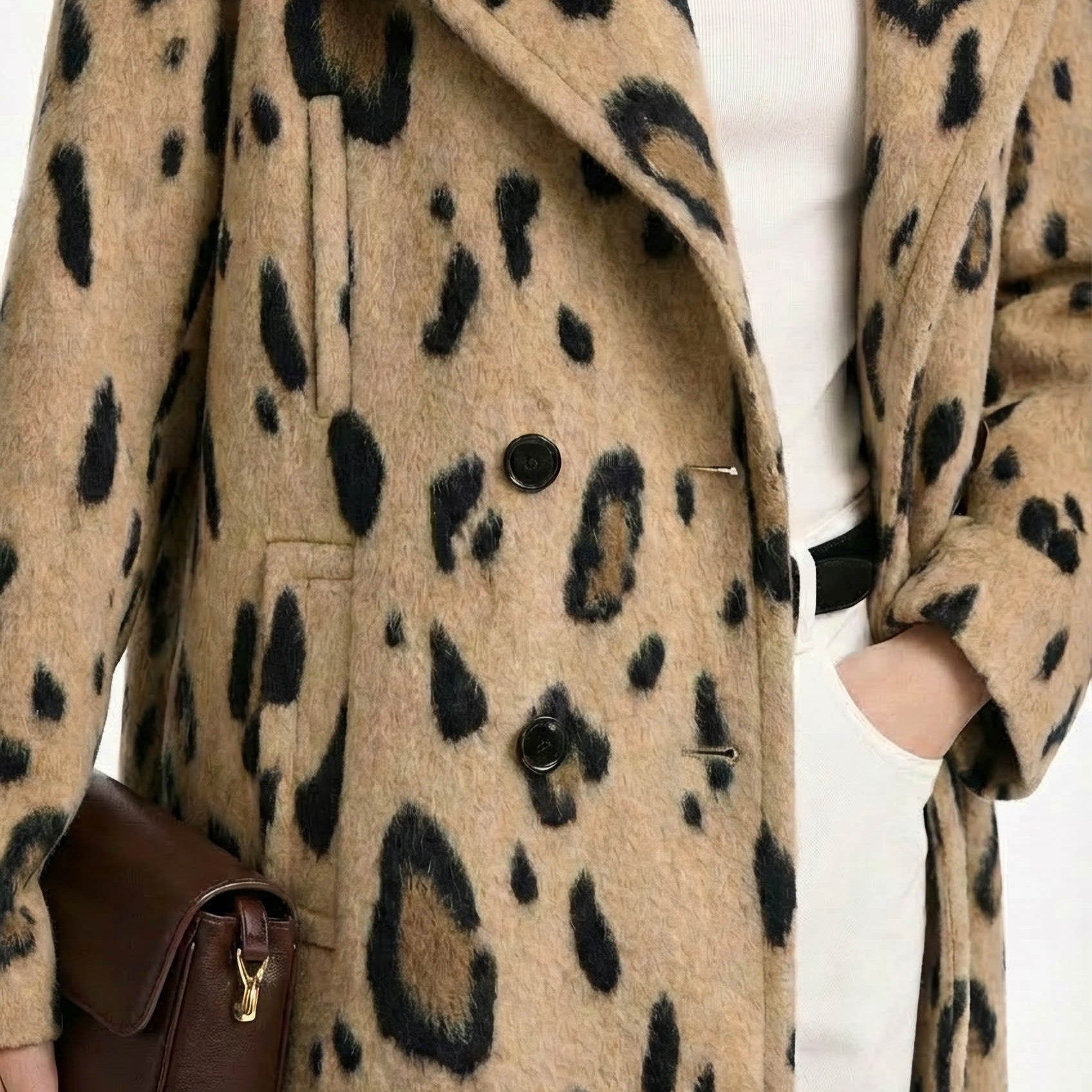 Leopar Desenli Yün Uzun Palto