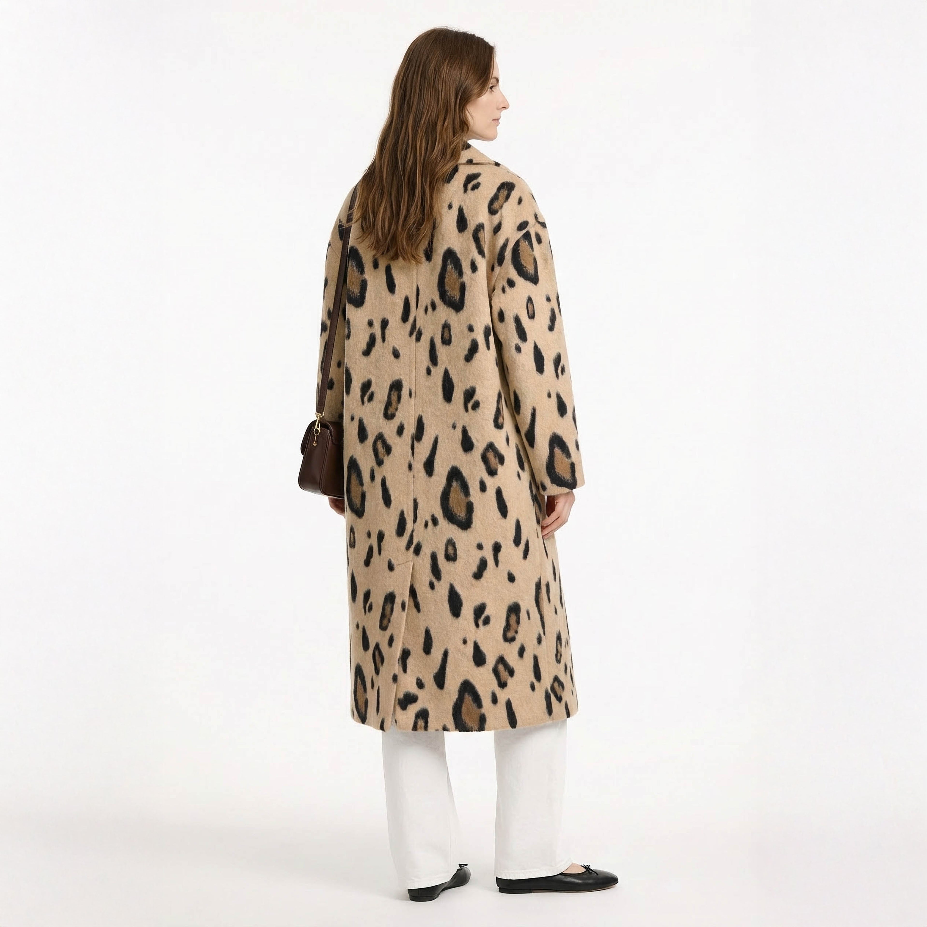 Leopar Desenli Yün Uzun Palto